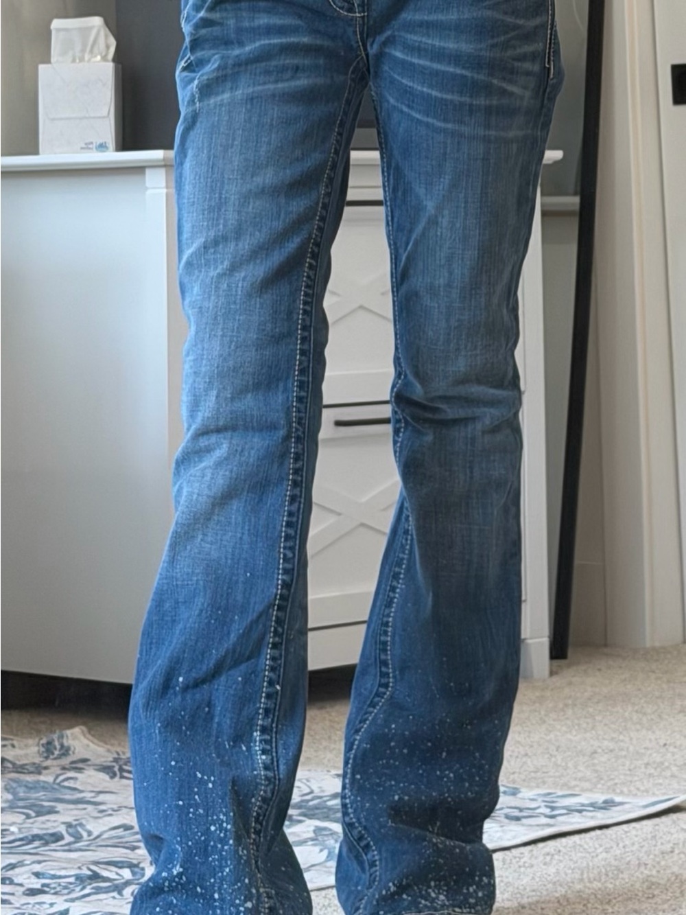Miss Me Bootcut Jeans. Medium Wash w/paint splatter and Embellished Rhinestones